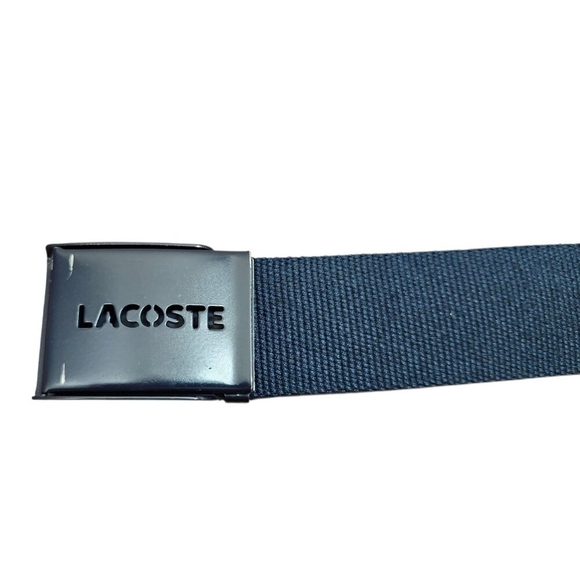 Lacoste Men’s Navy Blue Webbed Belt | Silver Logo Buckle Casual Designer Accesso - Picture 6 of 11